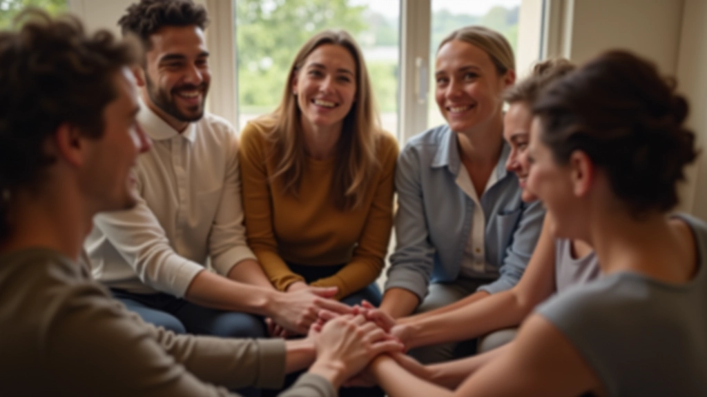 Groupe de personnes en cercle se donnant du soutien, atmosphère chaleureuse et bienveillante