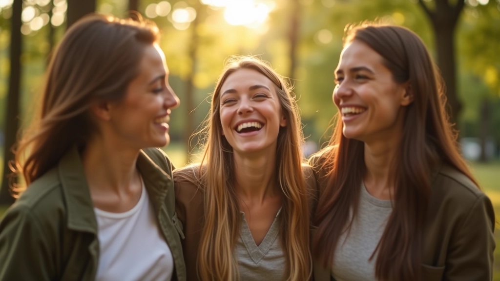 Groupe de trois amis qui rient ensemble en plein air, parc urbain avec verdure