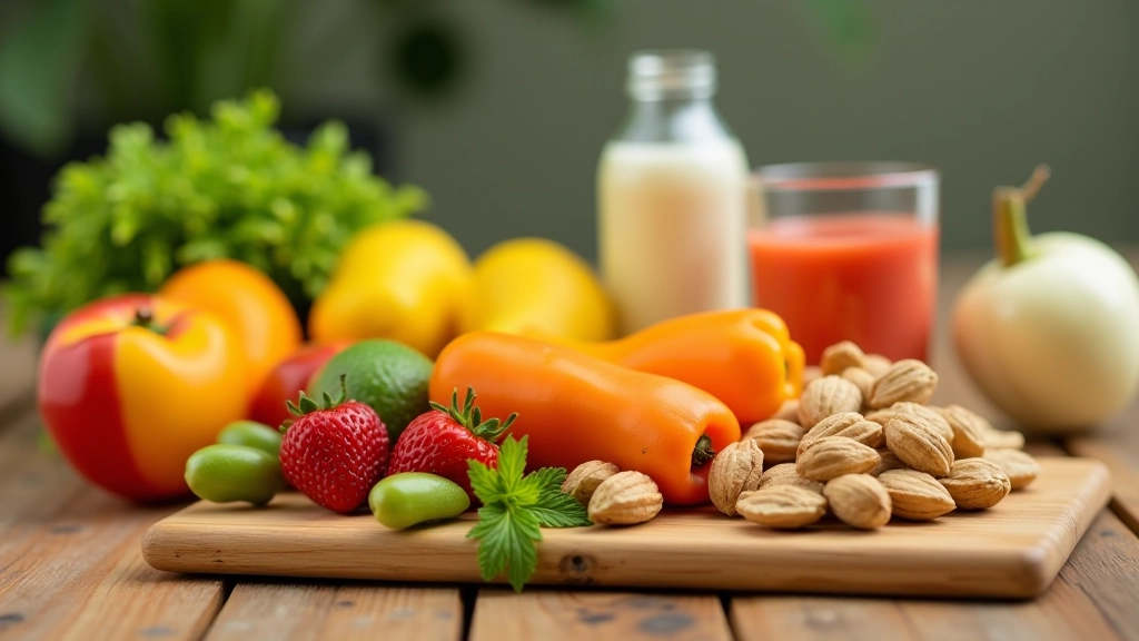 Table avec des aliments sains — fruits frais, légumes colorés, noix et eau