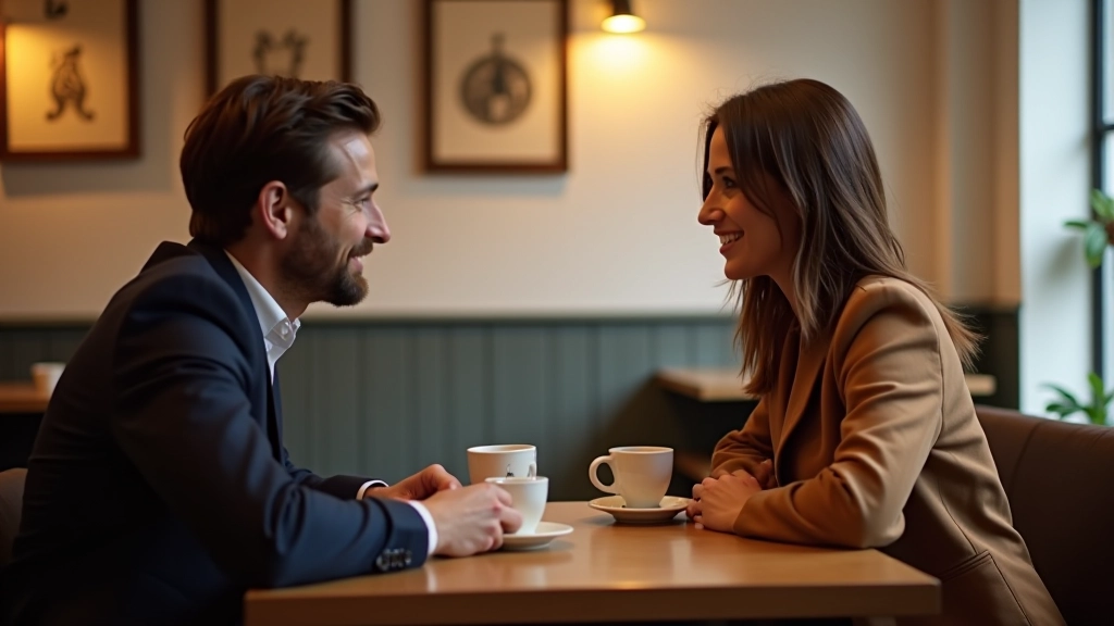 Homme et femme en conversation autour d'un café, environnement de café chaleureux