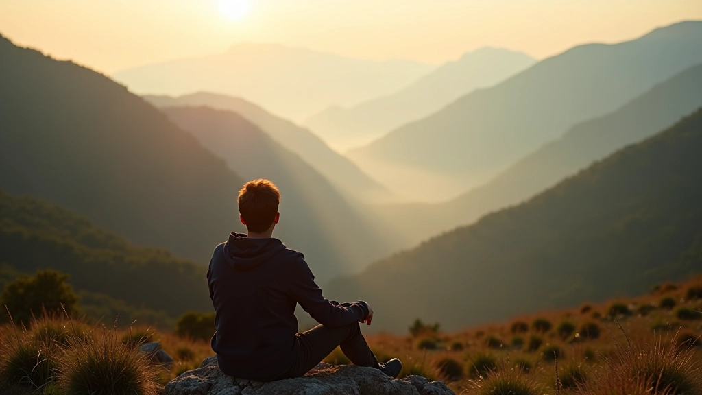 Personne contemplative en montagne, paysage naturel paisible, lumière douce du matin