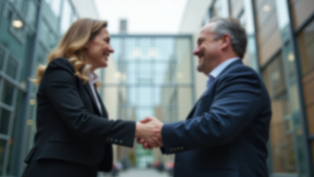 Deux personnes se serrant la main dans un cadre professionnel, bâtiment urbain en arrière-plan