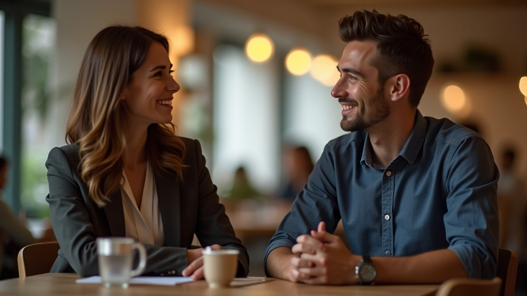 Deux personnes en conversation positive, assises face à face dans un environnement calme et accueillant