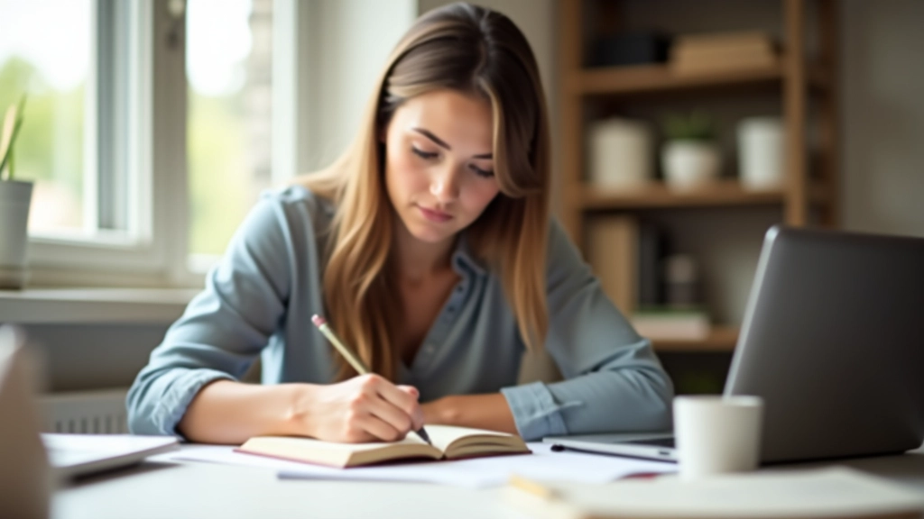 Femme écrivant dans un journal avec stylo, table de travail organisée et lumineuse